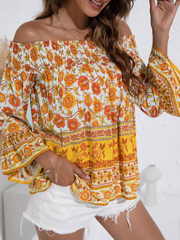 Women's One Shoulder Floral Flared Sleeve Top