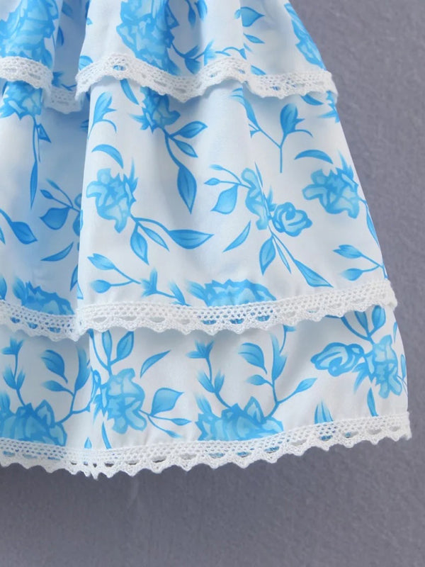 New European and American fashion temperament small fresh V-neck layered floral skirt