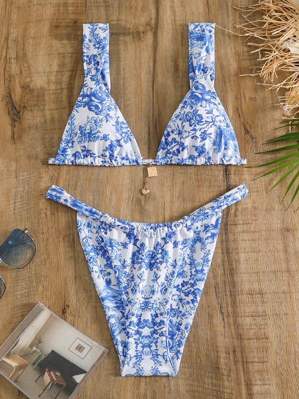 Women's flower print suspenders sexy lace-up two-piece bikini