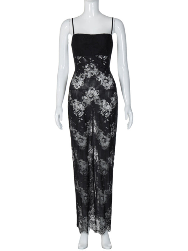 Women's tie mesh suspender sexy backless long dress