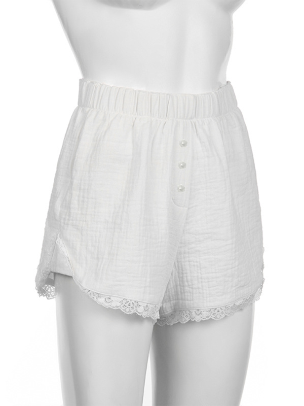 Holiday style buttoned solid color elastic waist loose versatile stitching lace casual pants