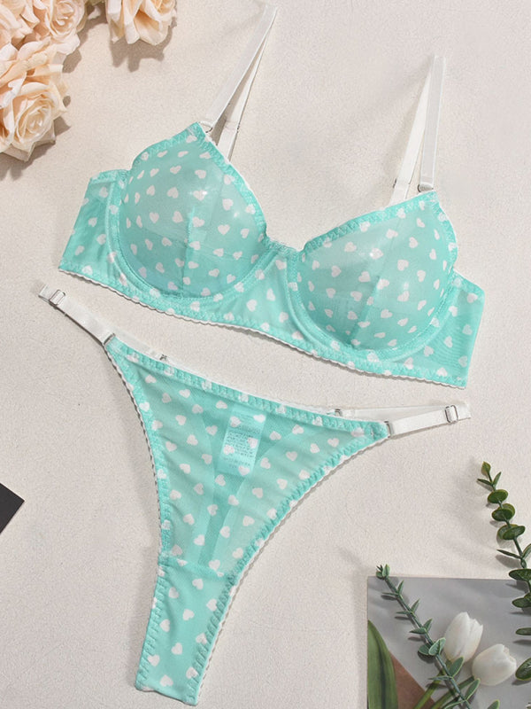 Valentine's Day heart-shaped print see-through sexy temptation three-point sexy underwear set