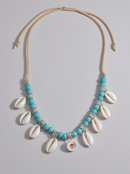 Bohemian shell pendant turquoise beaded velvet braided adjustable necklace for men and women