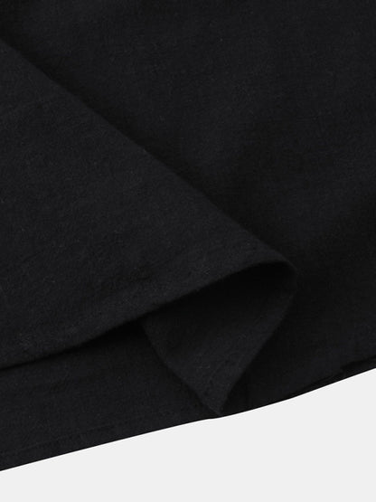 Men's Cotton Linen Stand Collar Casual Short Sleeve Shirt Beach T-Shirt Shirt