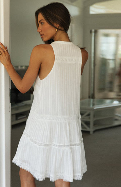 Romantic Cotton Sleeveless Round Neck Solid Vacation Dress