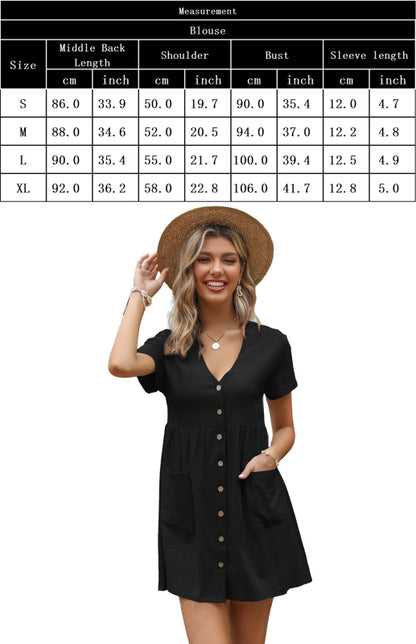 Ladies Solid Color V-Neck Short Sleeve Shirt Dress