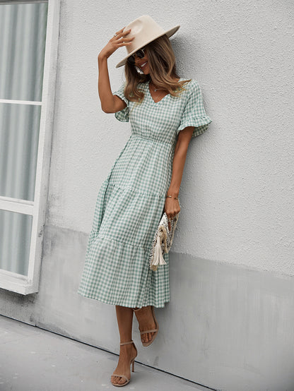 Women's spring and summer sexy big swing skirt plaid temperament dress