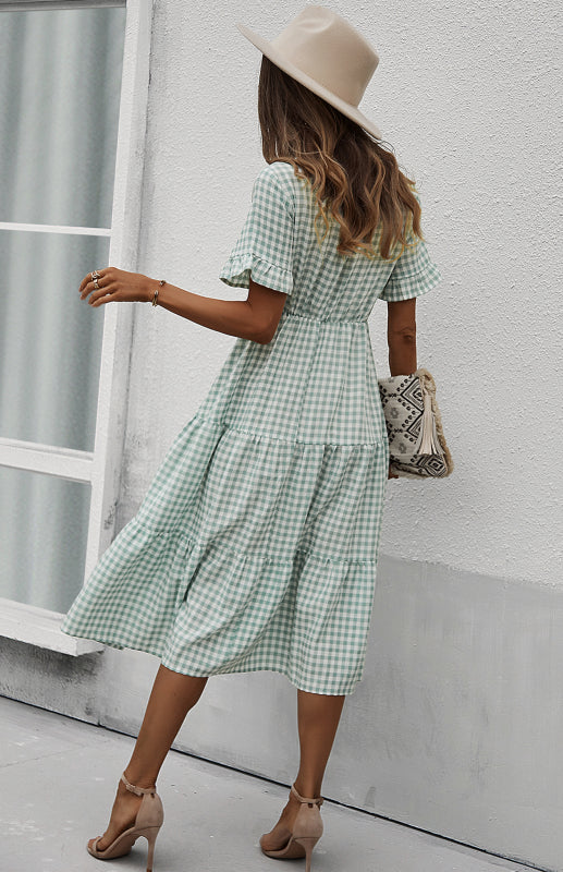 Women's spring and summer sexy big swing skirt plaid temperament dress