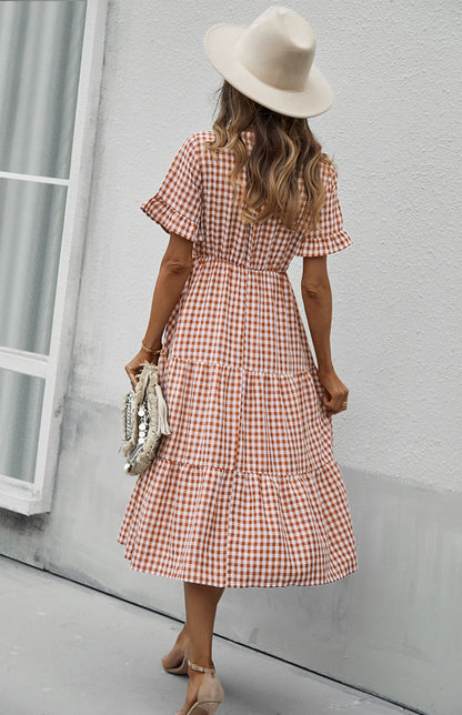 Women's spring and summer sexy big swing skirt plaid temperament dress
