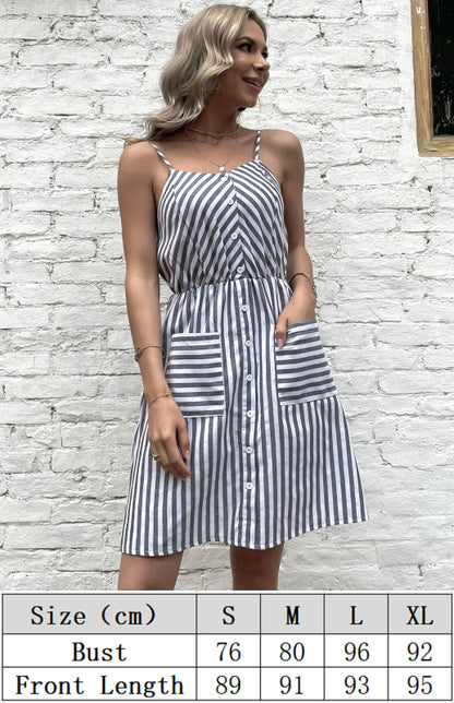 Women's Slip Dress Grey Striped Cotton Linen Dress