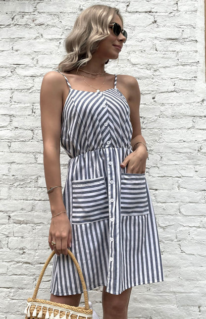 Women's Slip Dress Grey Striped Cotton Linen Dress