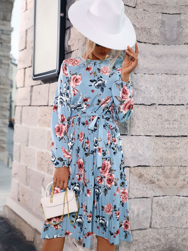 women's autumn and winter floral dress long sleeve blue pleated skirt
