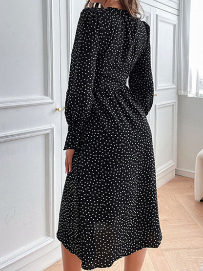 Autumn women's temperament black polka dot long sleeve dress