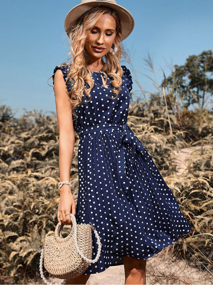 Fashion women's round neck short sleeve polka dot pleated dress