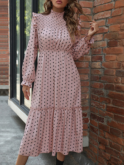 Women's half high neck polka dot patchwork cake dress