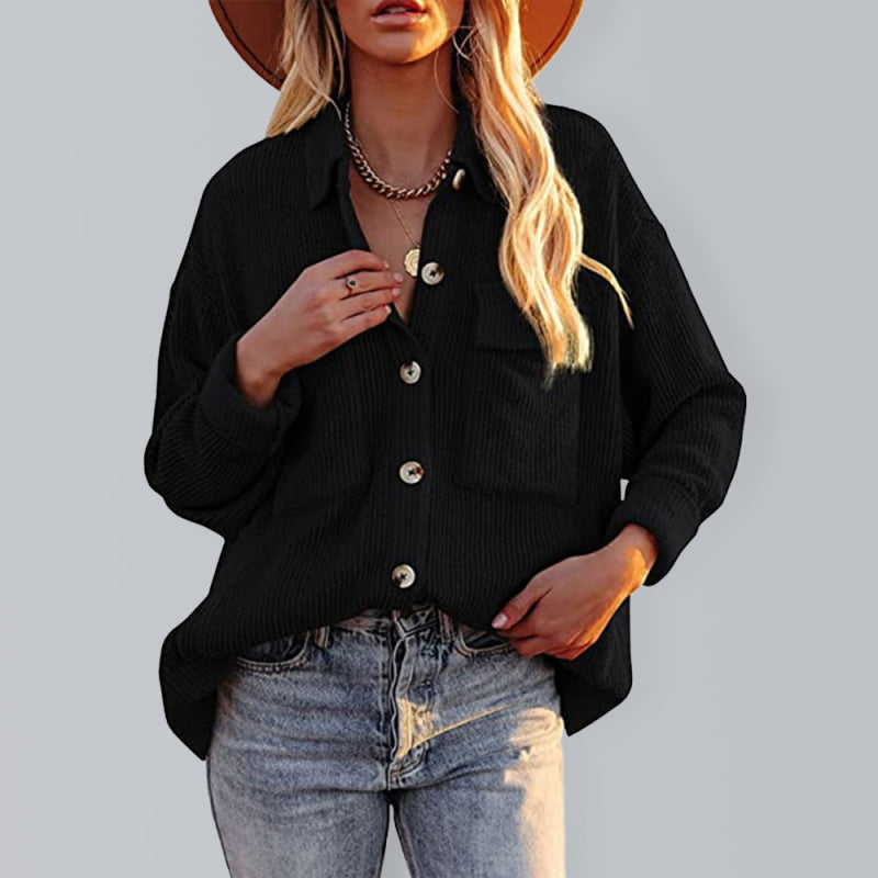 Solid Color Loose Corduroy Pocket Long Sleeve Cardigan Jacket