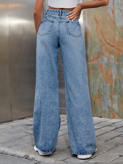 Women's Fashion ripped high waist wide leg casual denim trousers