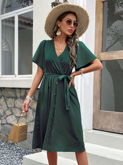 Women's Woven V Neck Short Sleeve Midi Dress