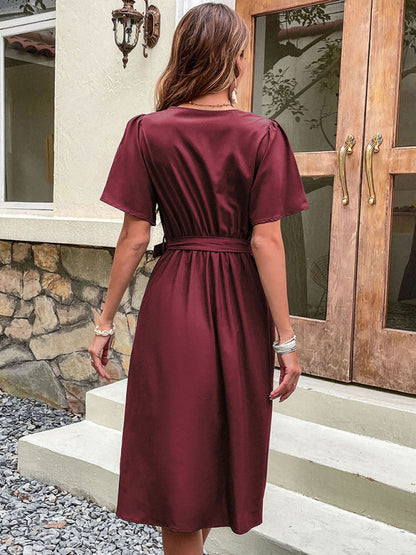 Women's Woven V Neck Short Sleeve Midi Dress
