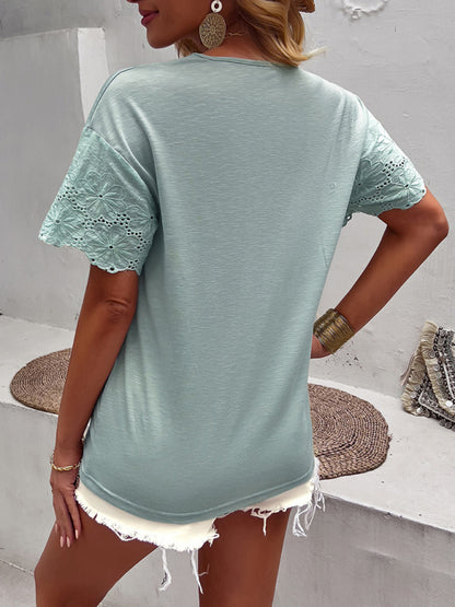 Women's knitted fashion casual lace stitching V-neck short-sleeved top