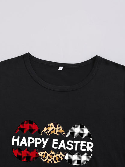 Women's Knitted Round Neck Easter Egg Print Short Sleeve T-Shirt