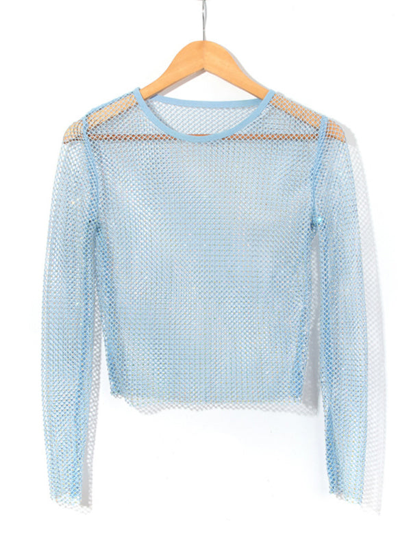 Mesh flash diamond long-sleeved top female sexy nightclub hot girl fishnet T-shirt