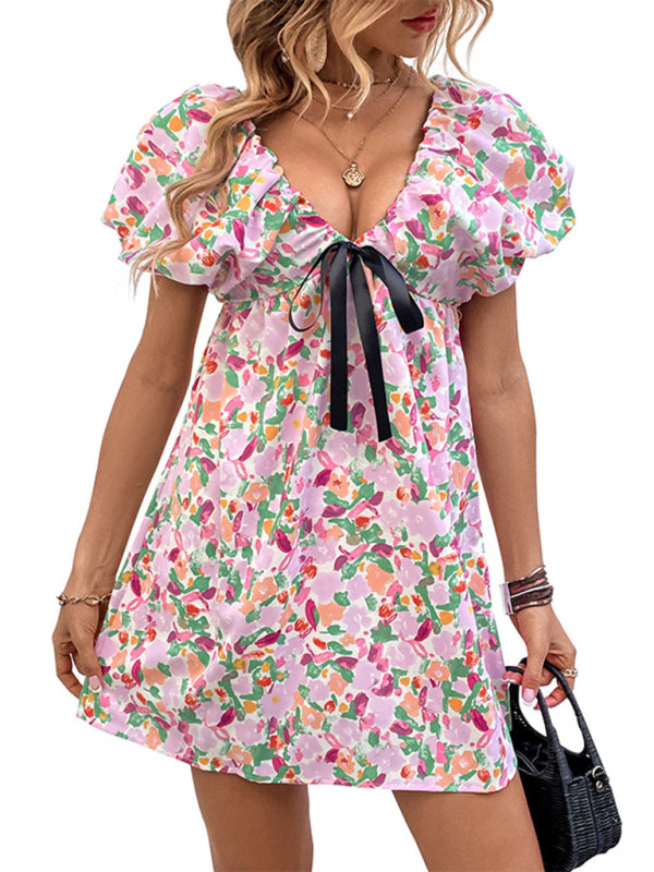 New women's clothing Deep V sexy sweet and spicy fairy dress printed dress