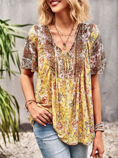 Women's V Neck Short Sleeve Printed Short Sleeve Shirt