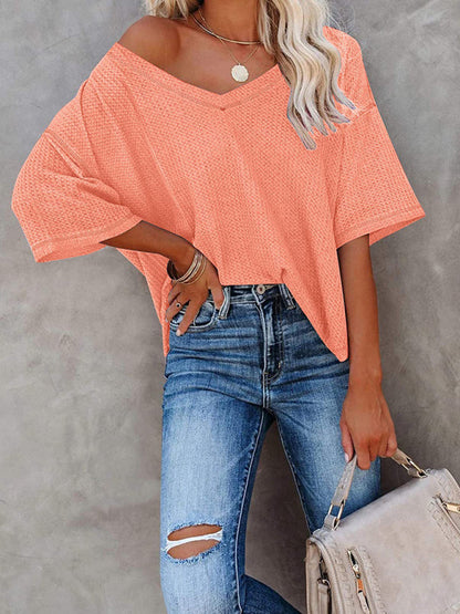 New V Neck Dolman Sleeve Waffle Knit Loose Solid Color Short Sleeve T-Shirt