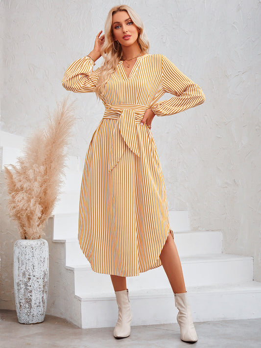 Casual V-neck striped tie waist shirt dress