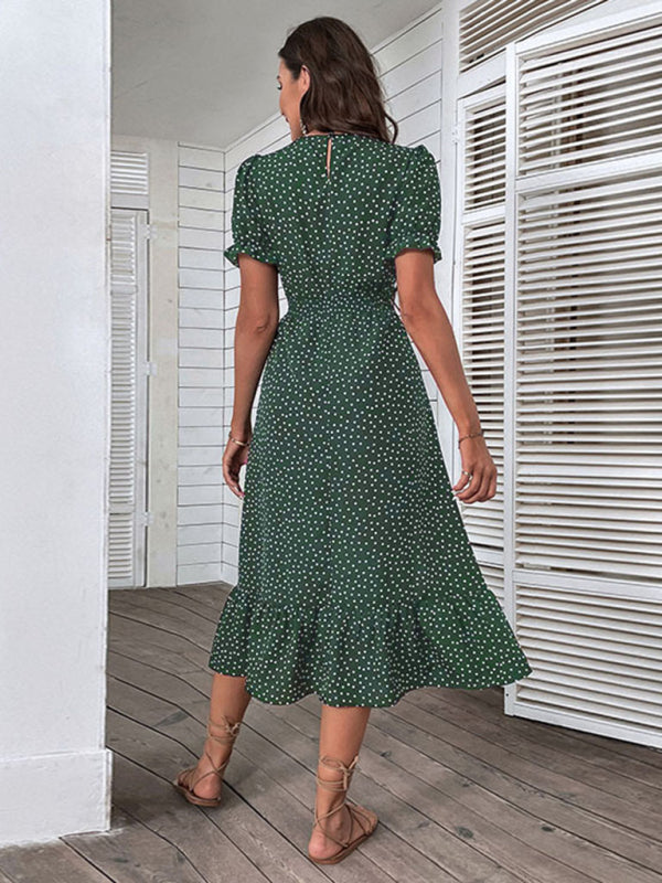 New women's casual holiday polka dot v-neck mid-length dress