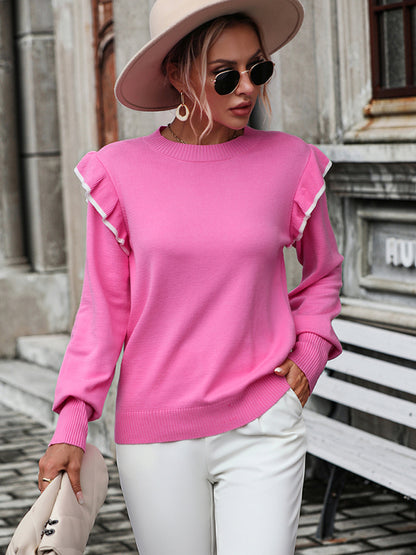 New Ruffle Knit Sweater Loose Solid Color Round Neck Pullover Fashion Sweater