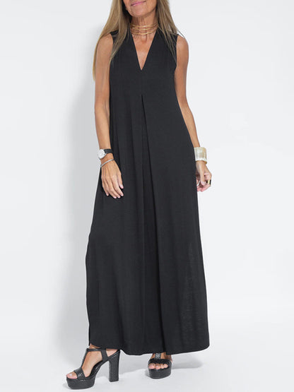 New solid color pullover V-neck dress