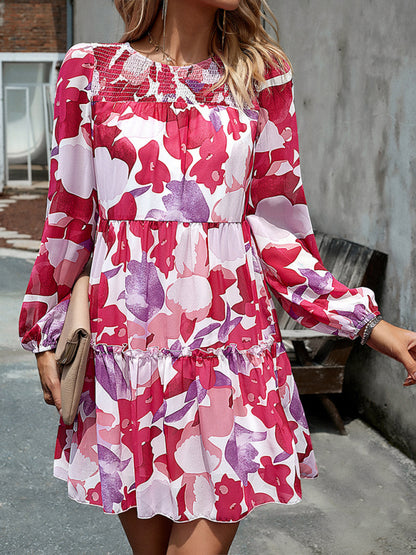 Floral Print Round Neck Skirt Chiffon Layered Dress
