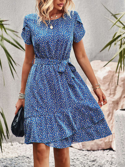 Round neck temperament casual dress tie waist women's clothing