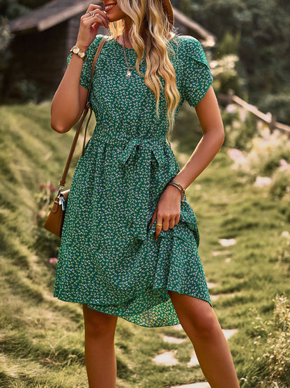 Round neck temperament casual dress tie waist women's clothing