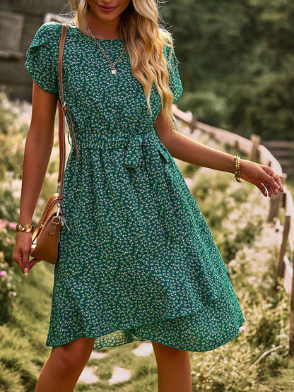 Round neck temperament casual dress tie waist women's clothing
