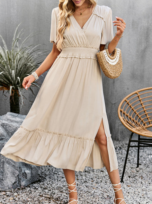 V-neck dress elegant waist slit long skirt