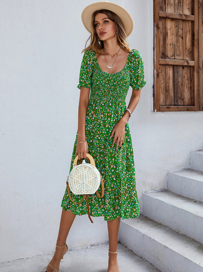 Women's Boho Print Round Neck Swing Skirt Dress
