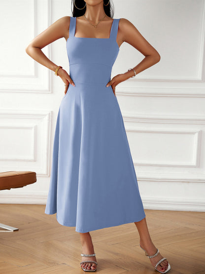 Fashion women's new sexy and elegant solid color suspender dress