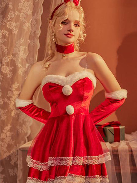 Women's Sexy Faux Fur Trim Lingerie Dress Set