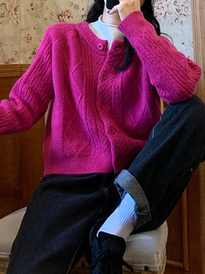 New retro gentle solid color round neck twist knitted cardigan loose short sweater jacket