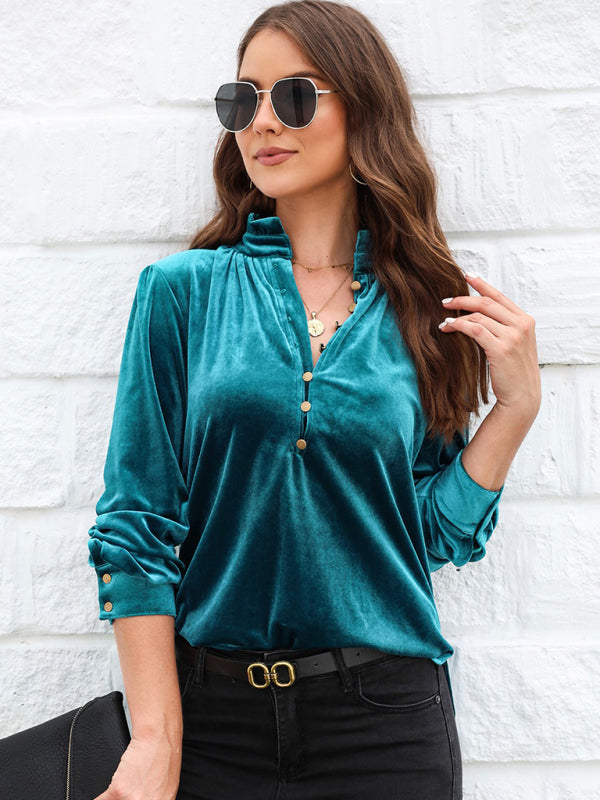 Women's New Bottoming Shirt Fashionable Stand Collar Long Sleeve Pullover Solid Color Top