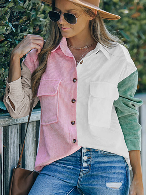 Women's Contrast Color Shirt Style Single Breasted Casual Jacket Top