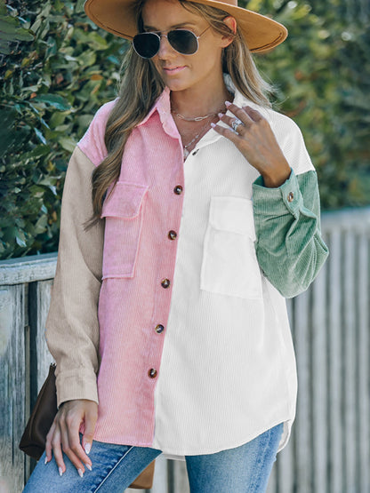 Women's Contrast Color Shirt Style Single Breasted Casual Jacket Top