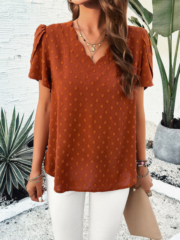 Women's new style solid color V-neck ruffle sleeve top