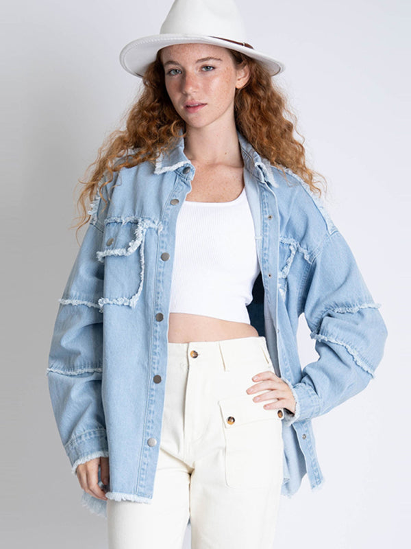 Women's raw edge denim jacket back lettered long sleeve jacket