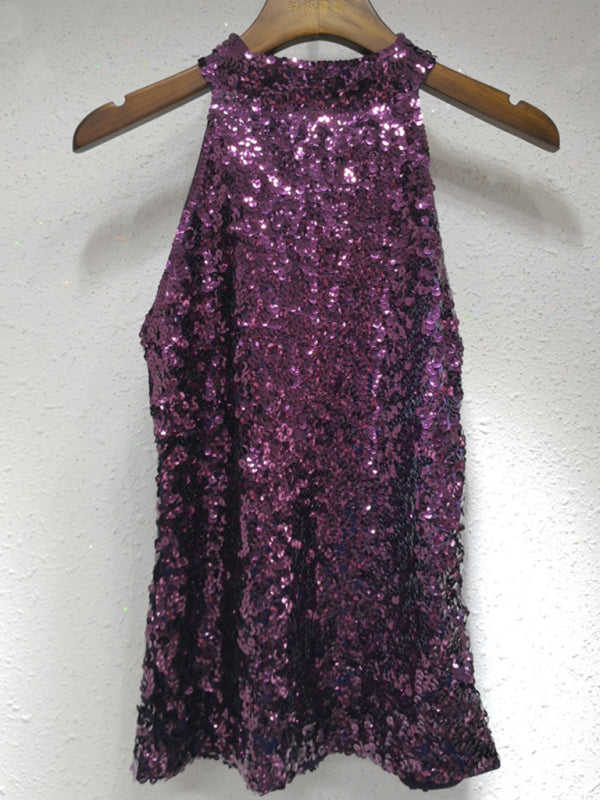 Women's New Fashion Sexy Sleeveless Slim Pullover Sequined Top