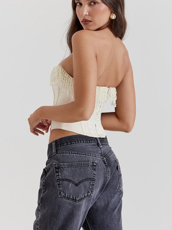 Sexy retro cream hottie fishbone tight tube top