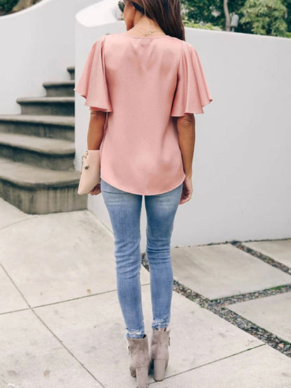 Women's loose V-neck ruffle sleeve casual top